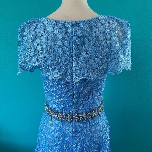 NWT Mac Duggal Blue Lace Ruffled Rhinestone Waist Maxi Gown Formal Prom Size 4 - Picture 6 of 8